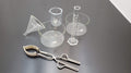 Lot of Pyrex Kimax VWR Borosilicate Glass Cylinder, Beaker, Funnel, Dish, Tongs