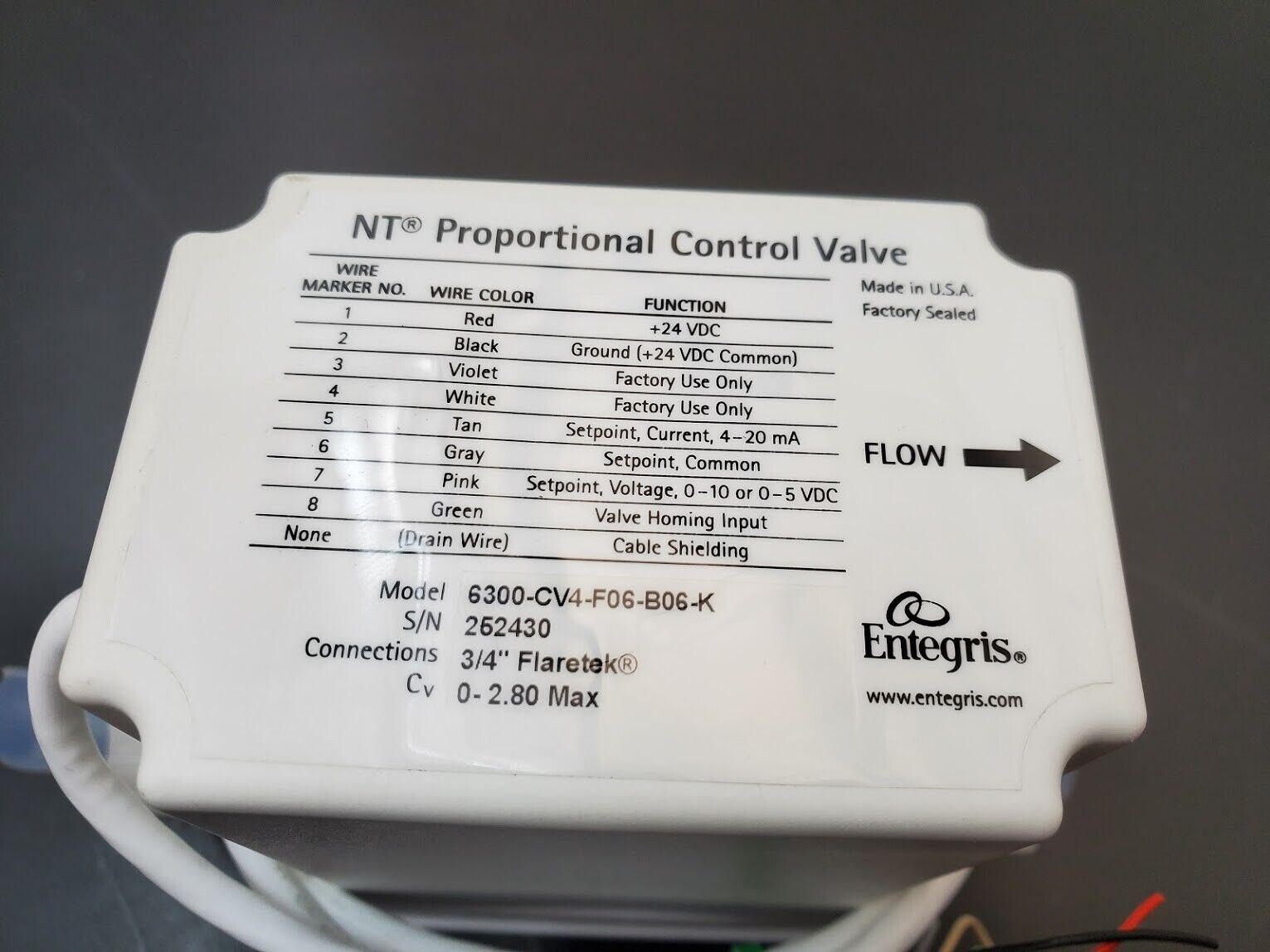 Entegris NT Proportional Control Valve 6300-CV4-F06-B06-K 3/4" Flaretek 0-2.8Cv