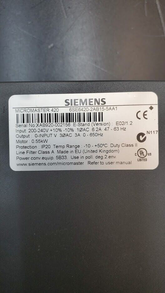 Siemens Micromaster 420 Drive 6SE6420-2AB15-5AA1 w/ 6SE6400-1PB00-0AA0 & Panel