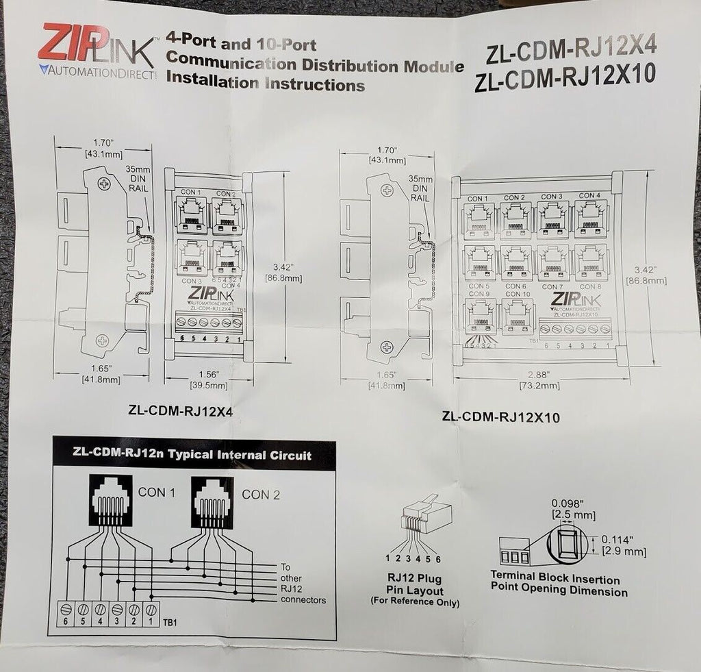 Automation Direct ZL-CDM-RJ12X10 ZIPLINK NEW IN BOX RJ12 10 Port DIN Rail