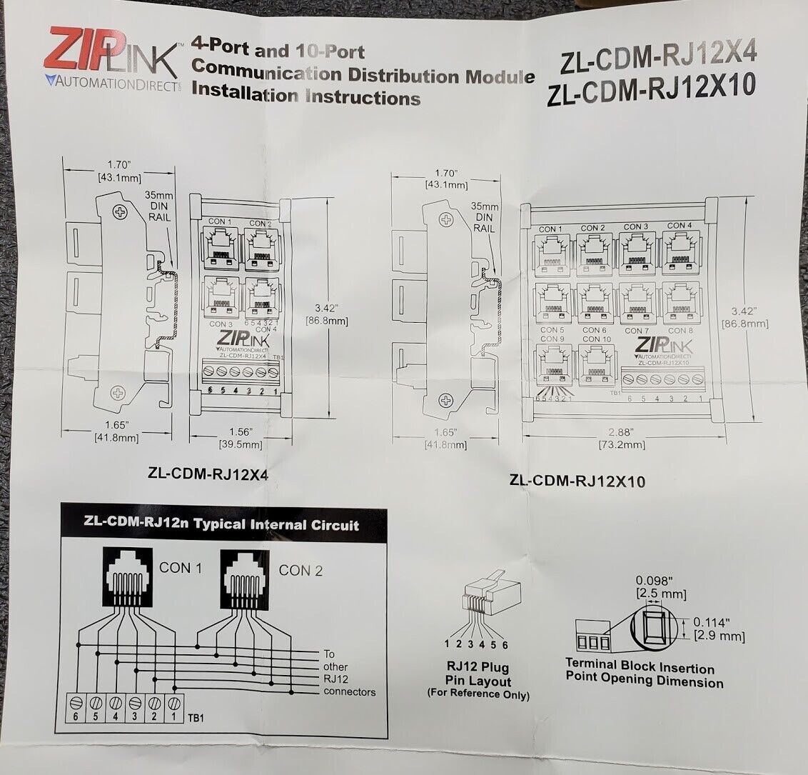 Automation Direct ZL-CDM-RJ12X10 ZIPLINK NEW IN BOX RJ12 10 Port DIN Rail