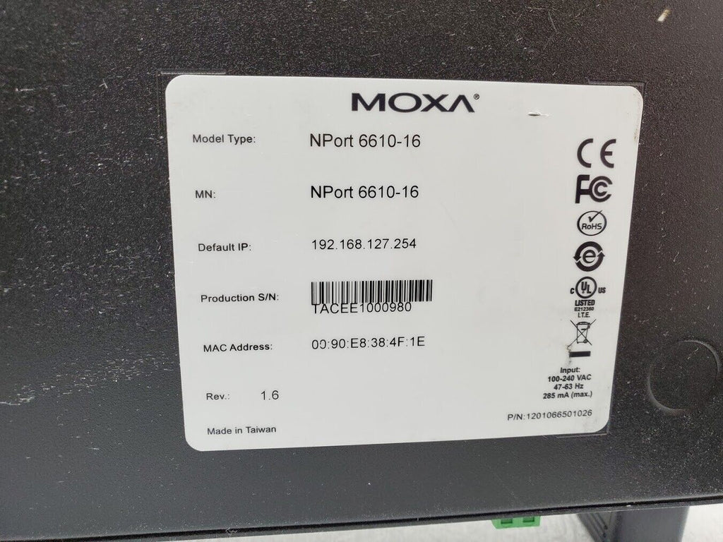 MOXA NPort 6610-16 16 Ports 8-pin RJ45 RS-232 Secure Device Server 100V~240Vac