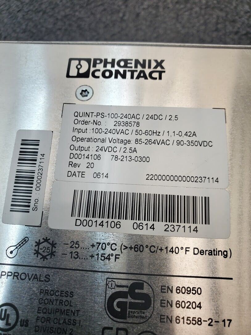 Phoenix Contact Quint-PS-100-240AC/24DC/2.5 Power Supply In: 100/240V Out: 24VDC