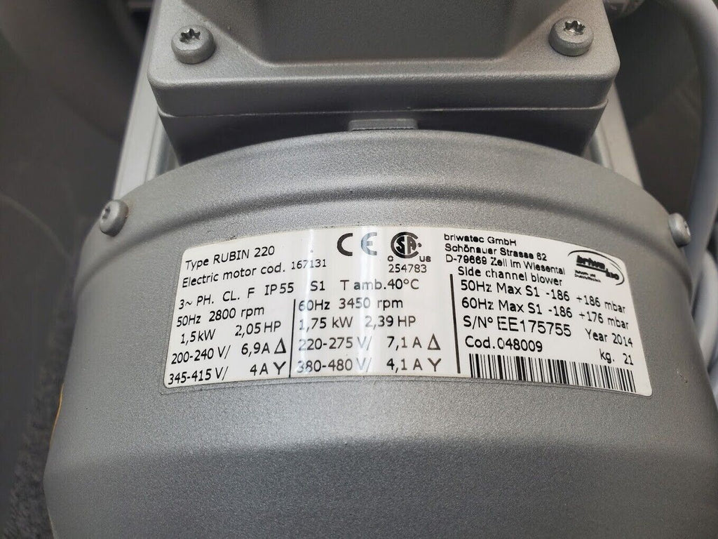 Rubin 220 Briwa Tec Vacuum Regen Regenerative Blower 3PH 240V 1.75kW 153CFM