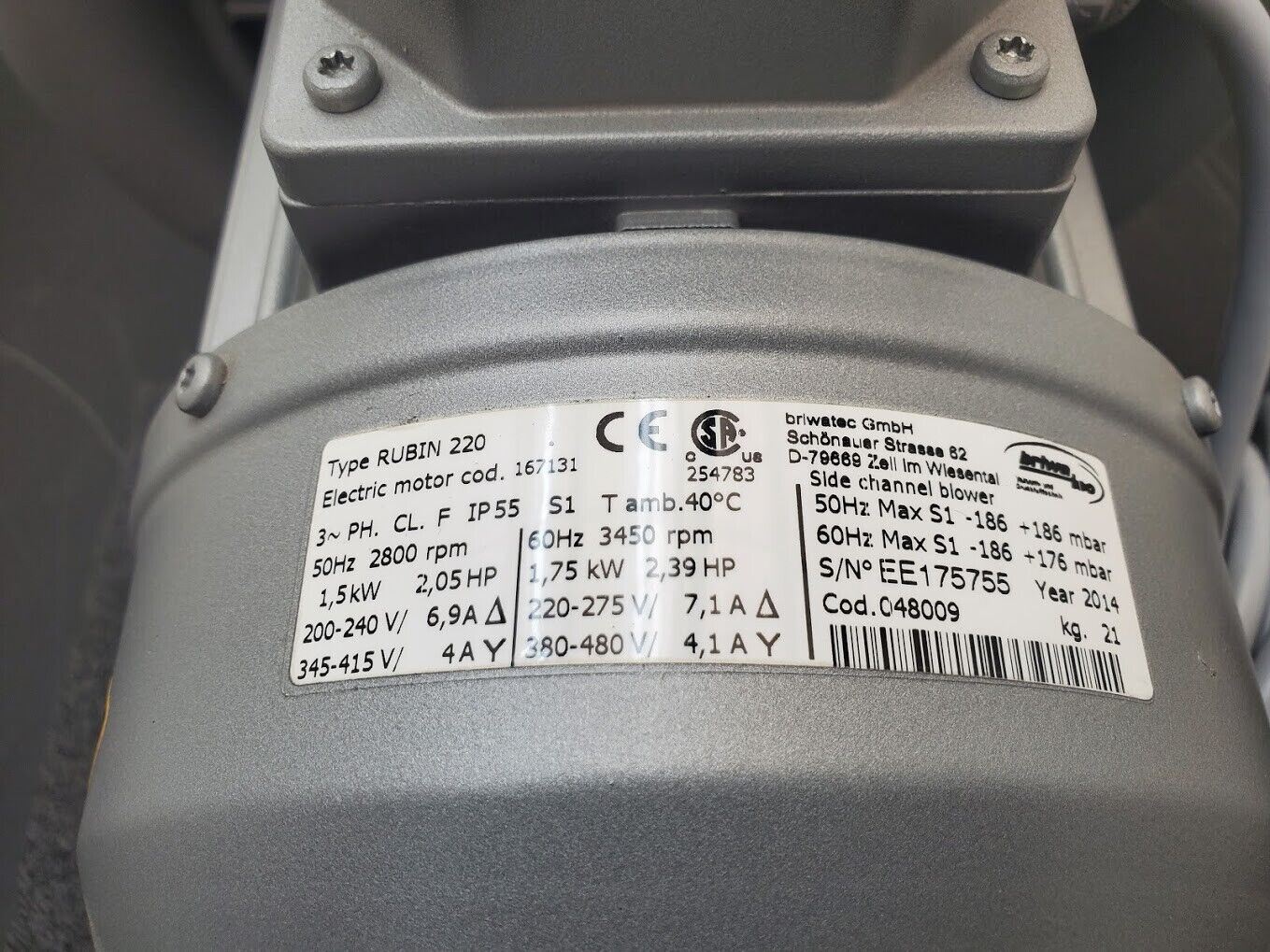 Rubin 220 Briwa Tec Vacuum Regen Regenerative Blower 3PH 240V 1.75kW 153CFM