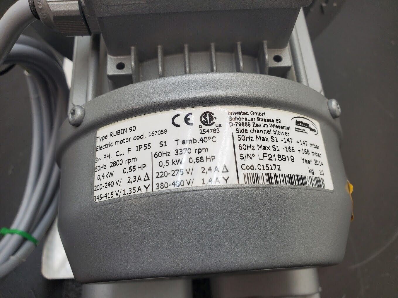 Rubin 90 Briwa Tec Vacuum Regen Regenerative Blower 3PH 240V 0.5kW 166mbar 64cfm
