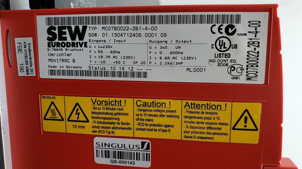 SEW EURODRIVE MOVITRAC B MC07B0022-2B1-4-00 230V 1PH 2.2kW 3.0HP AC 8.6A