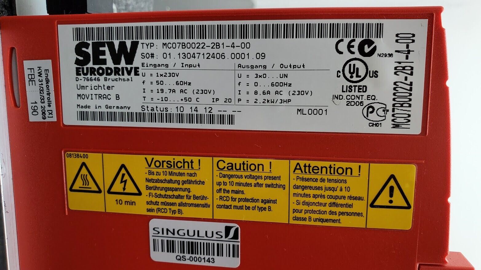 SEW EURODRIVE MOVITRAC B MC07B0022-2B1-4-00 230V 1PH 2.2kW 3.0HP AC 8.6A