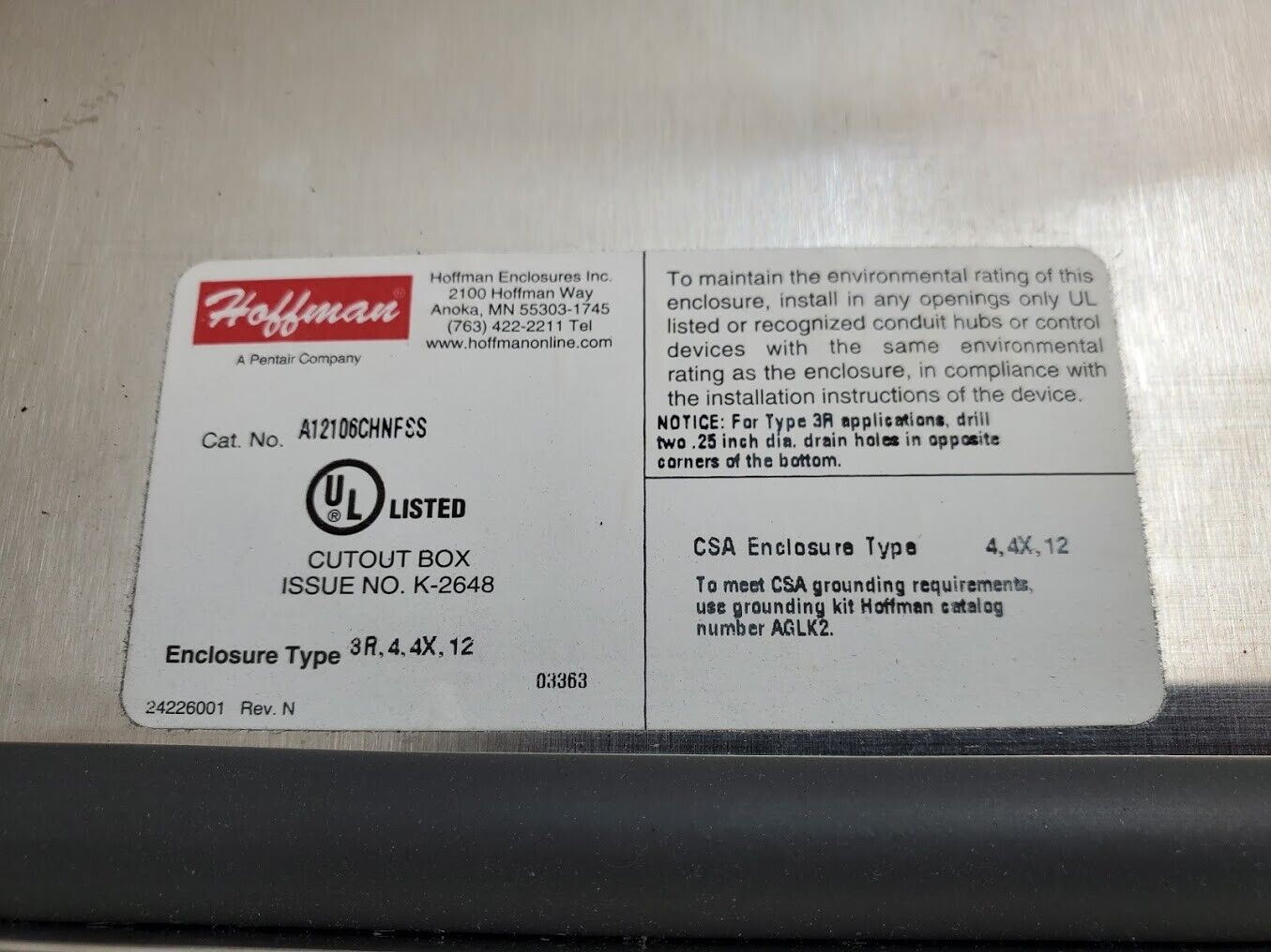 Hoffman A12106CHNFSS Stainless Enclosure 6in X 12in X 10in w/ 120VAC Input SS