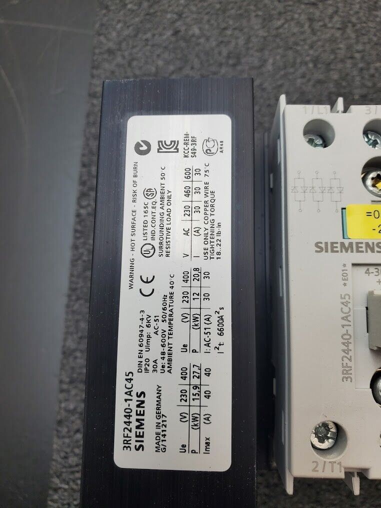 Siemens 3RF2440-1AC45 Solid State Contactor 4-30VDC Coil 3PH 230-600VAC 30A 30HP