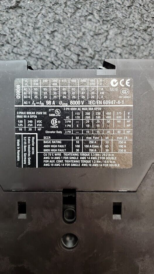 EATON DIL M65 XTCE065D Contactor 220/240V 50/60Hz 65 Amp 3-Pole w DIL M150-XHI11