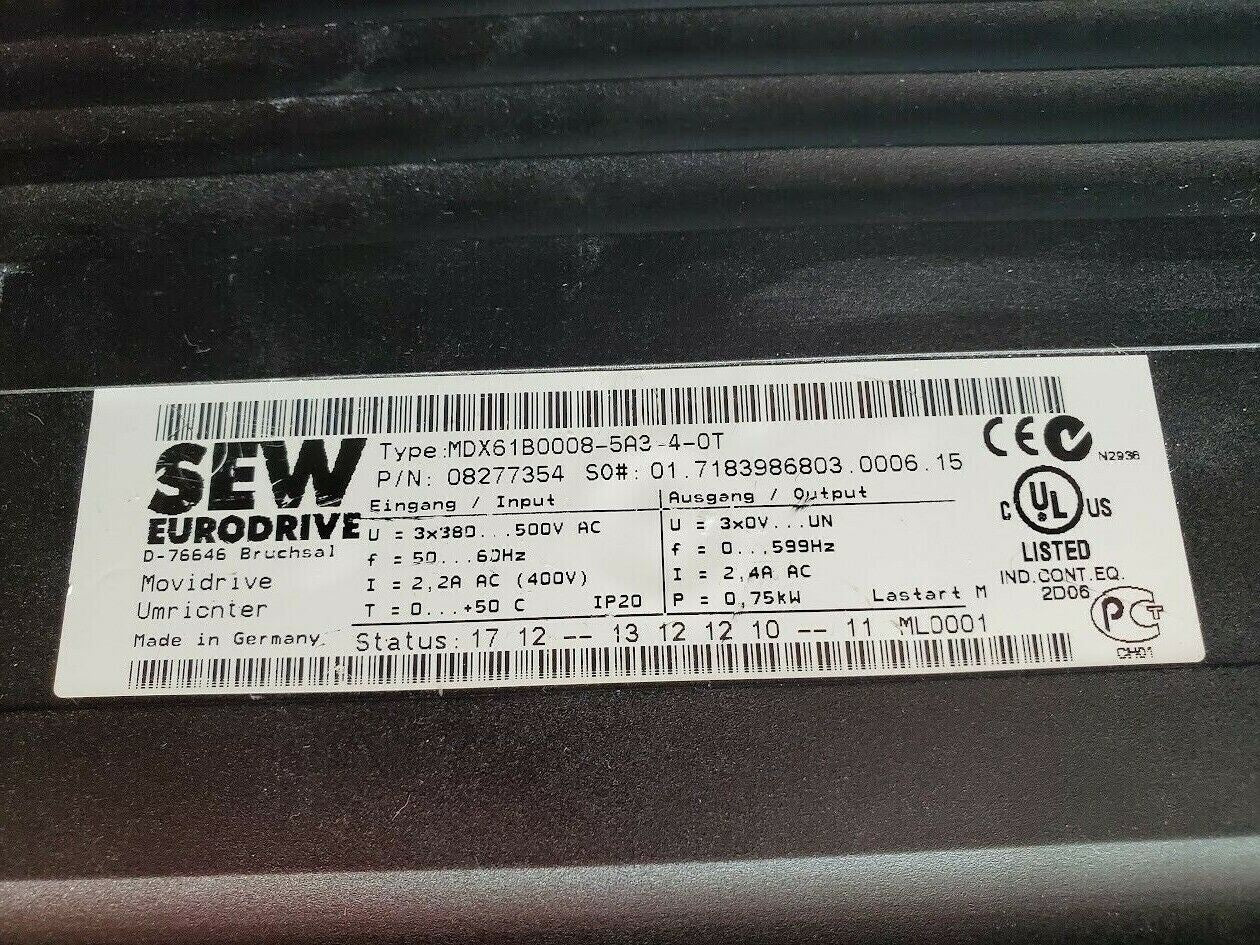 SEW EURODRIVE Movidrive VFD MDX61B0008-5A3-4-0T .75kW 500V BW090-P52B DBG60B-01