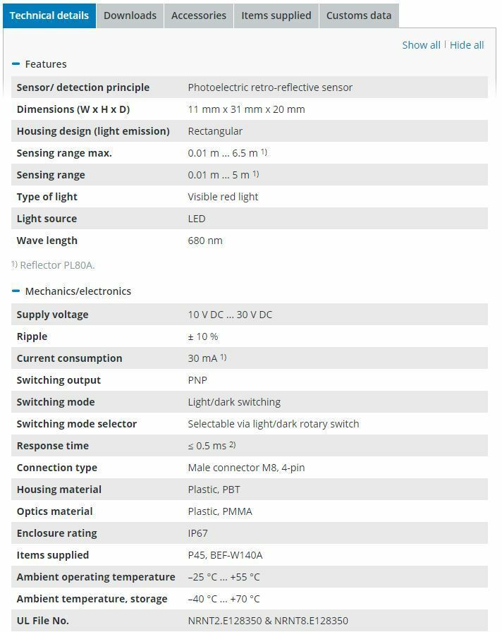 SICK Photoelectric Retro-Reflective Sensor WL140-2P430 w/ P45A Reflector & Mount