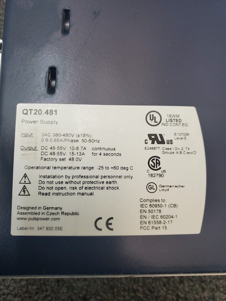 Puls Dimension QT20.481 DIN Power Supply 380-480VAC Input, 48-55VDC Output 48VDC