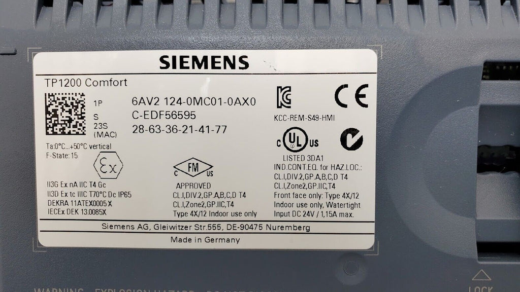 SIEMENS SIMATIC HMI TP1200 Comfort Panel 12 in. Touch Screen 6AV2 124-0MC01-0AX0