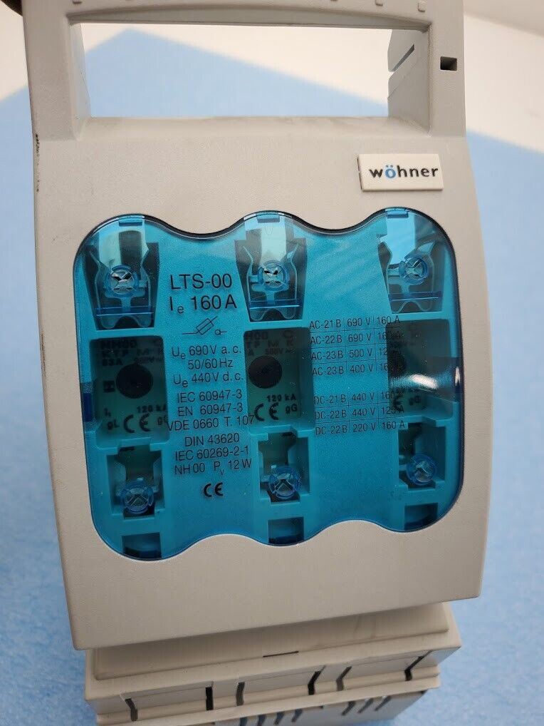Wohner NH00 C GL LTS-00 Bus Mount Fuse Holder w/ 63A Weber, Siemens Fuses