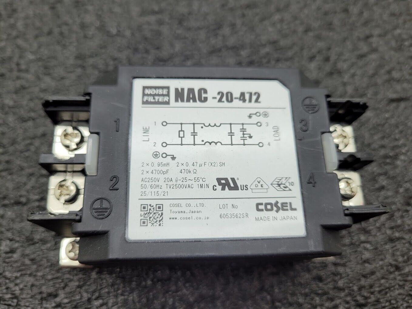 Cosel NAC-20-472 Power Line Noise Filter 20A 20 AMP 250VAC 50/60Hz 2 Lines