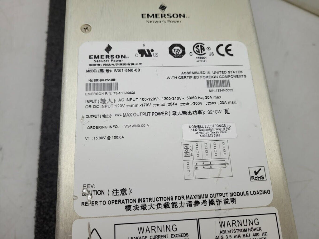 Emerson iVS1-5N0-00-A Switching Power Supply 15VDC 100A 1500W Power On Tested