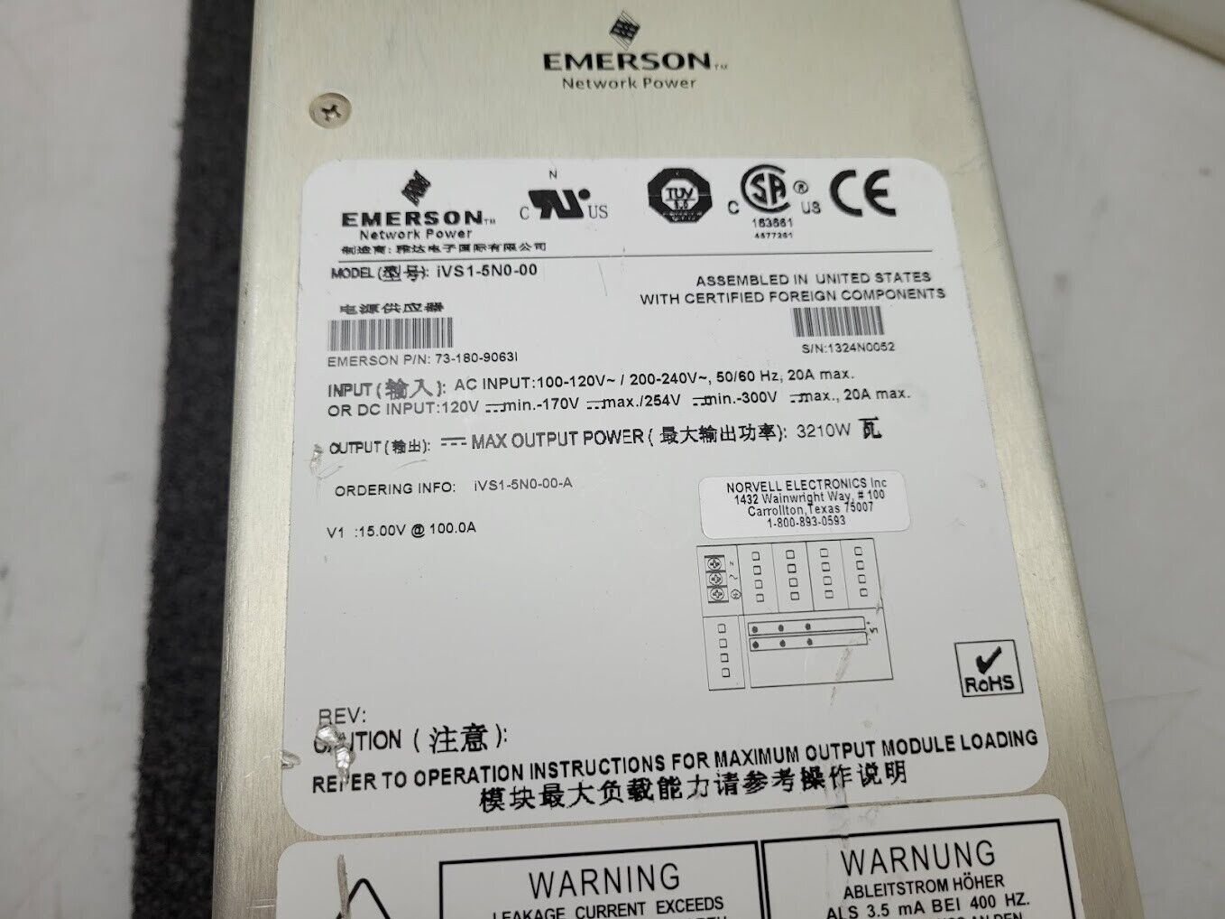 Emerson iVS1-5N0-00-A Switching Power Supply 15VDC 100A 1500W Power On Tested