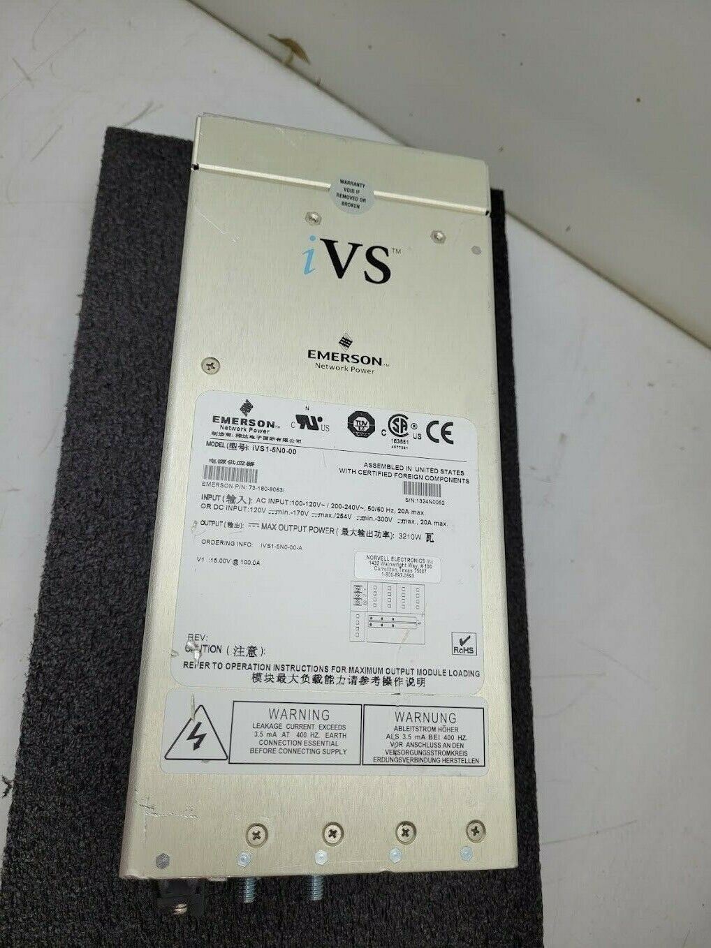 Emerson iVS1-5N0-00-A Switching Power Supply 15VDC 100A 1500W Power On Tested