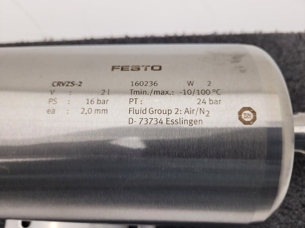 Festo CRVZS-2 160236 Stainless Steel 2 Liter Air Reservoir Tank 24 Bar 12mm Port