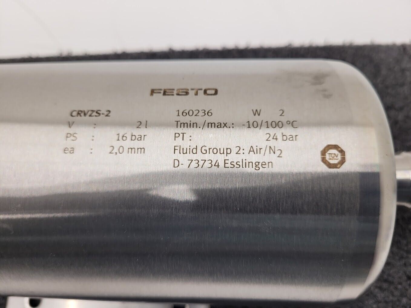 Festo CRVZS-2 160236 Stainless Steel 2 Liter Air Reservoir Tank 24 Bar 12mm Port