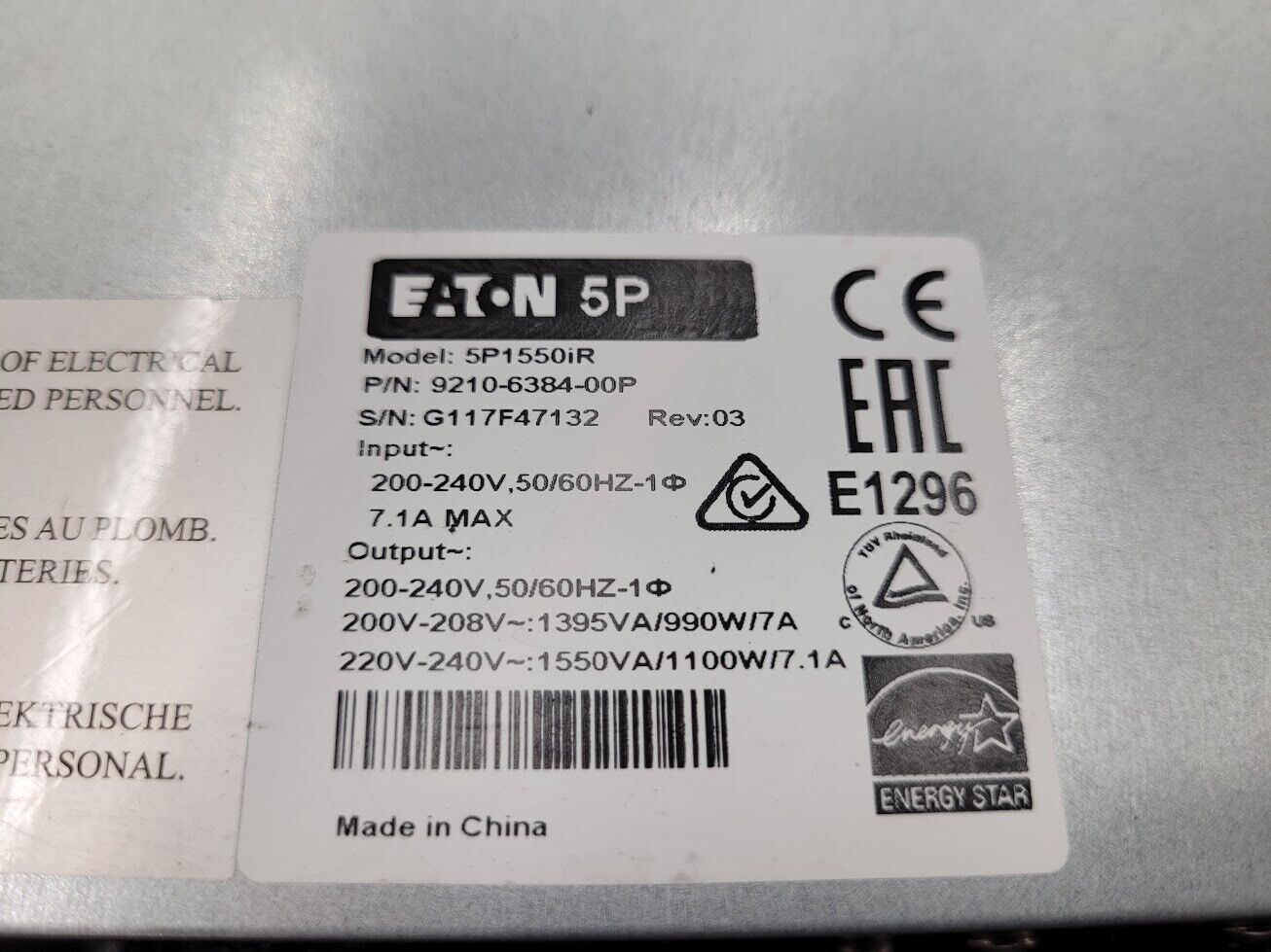 EATON INFINIDAT 5P1550iR  9210-6384-00P 1550VA 240VAC 1100W 7.1A UPS Load Tested