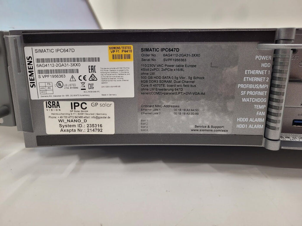 Siemens IPC647D Rack Mount Industrial Control Computer Win 7 2x HDD 8GB Ram