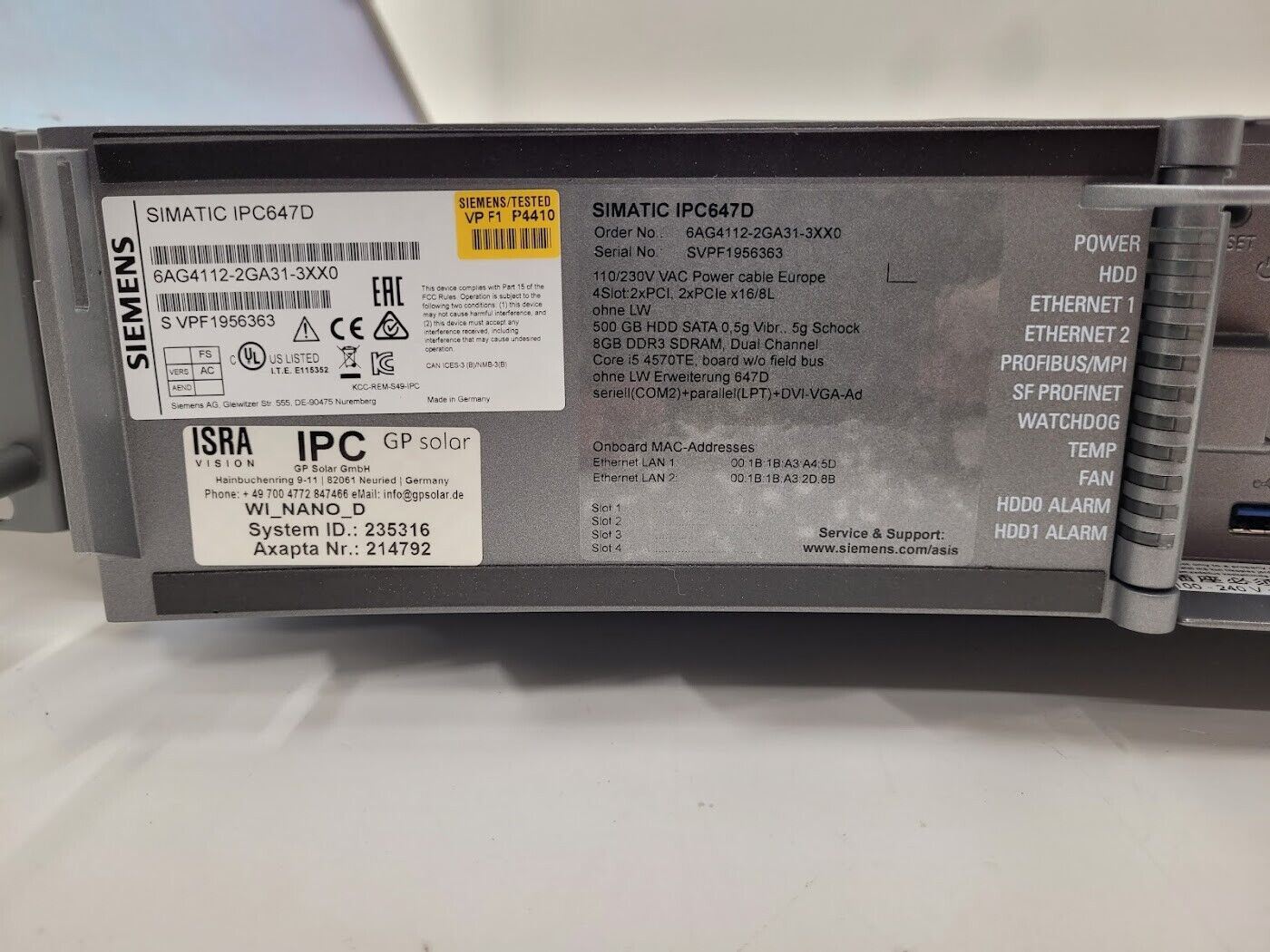 Siemens IPC647D Rack Mount Industrial Control Computer Win 7 2x HDD 8GB Ram