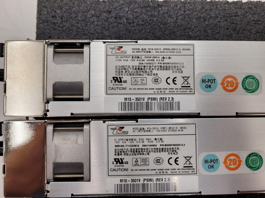 2x EMACS M1S-3501V Power Supply 100-240V Input +12V 500W Output, Tested, Working