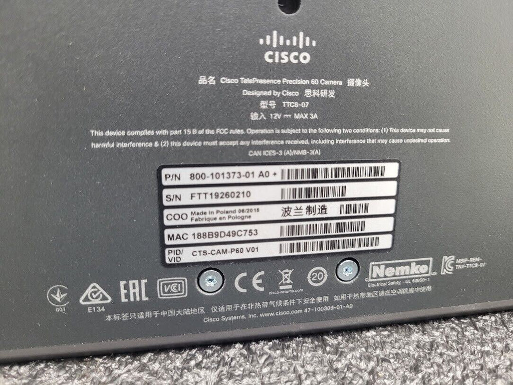 Cisco SX80 Codec TTC8-07 Precision 60 Camera TTC8-09 Speaker TTC6-12 Controller
