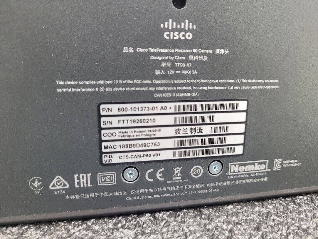 Cisco SX80 Codec TTC8-07 Precision 60 Camera TTC8-09 Speaker TTC6-12 Controller