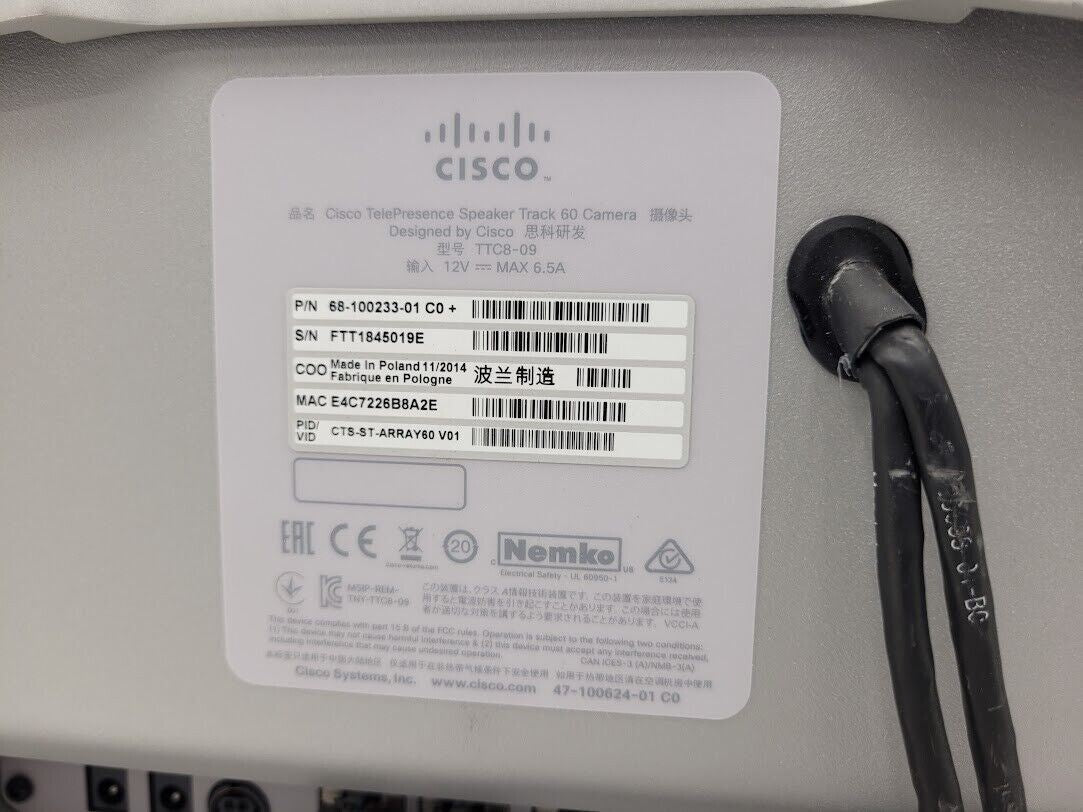 Cisco SX80 Codec TTC8-07 Precision 60 Camera TTC8-09 Speaker TTC6-12 Controller
