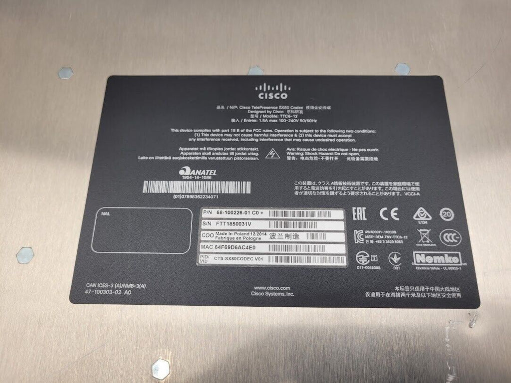 Cisco SX80 Codec TTC8-07 Precision 60 Camera TTC8-09 Speaker TTC6-12 Controller