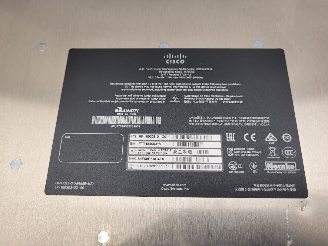 Cisco SX80 Codec TTC8-07 Precision 60 Camera TTC8-09 Speaker TTC6-12 Controller