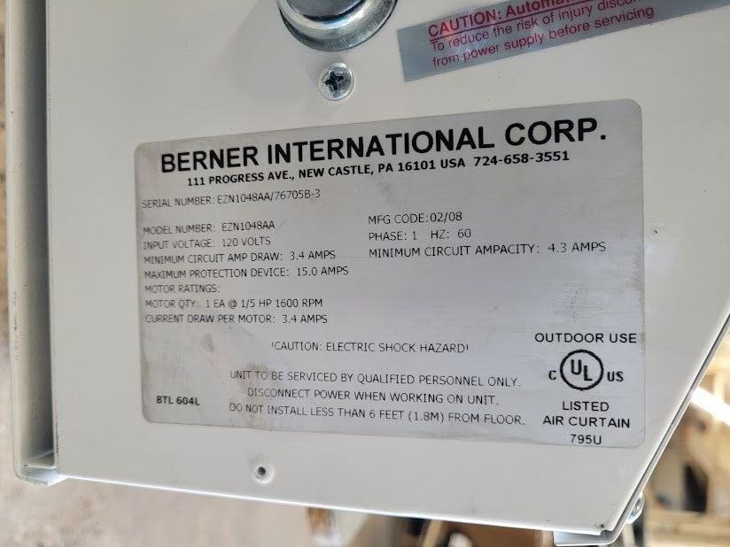 BERNER EZN1048AA 48" Wide Low Profile Air Curtain 8" Deep 120VAC 3.4A 1/5HP