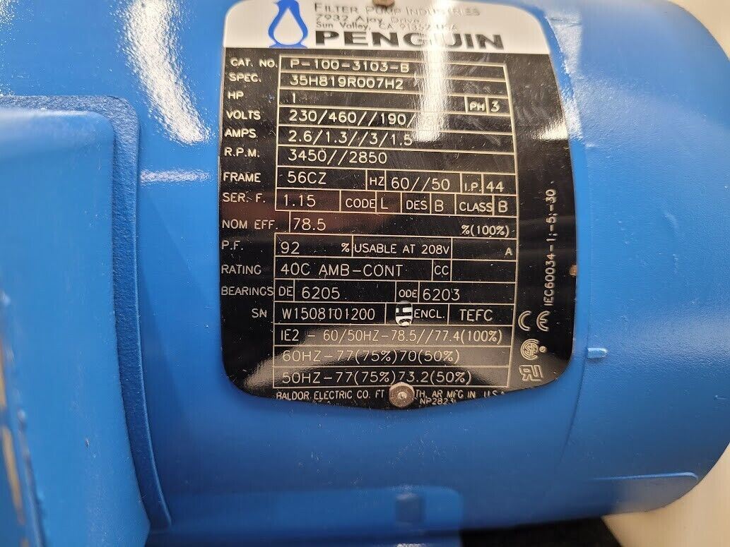 Penguin P-1CK PVDF 1HP Vertical Impeller Pump 83 g/min 52' head 3PH