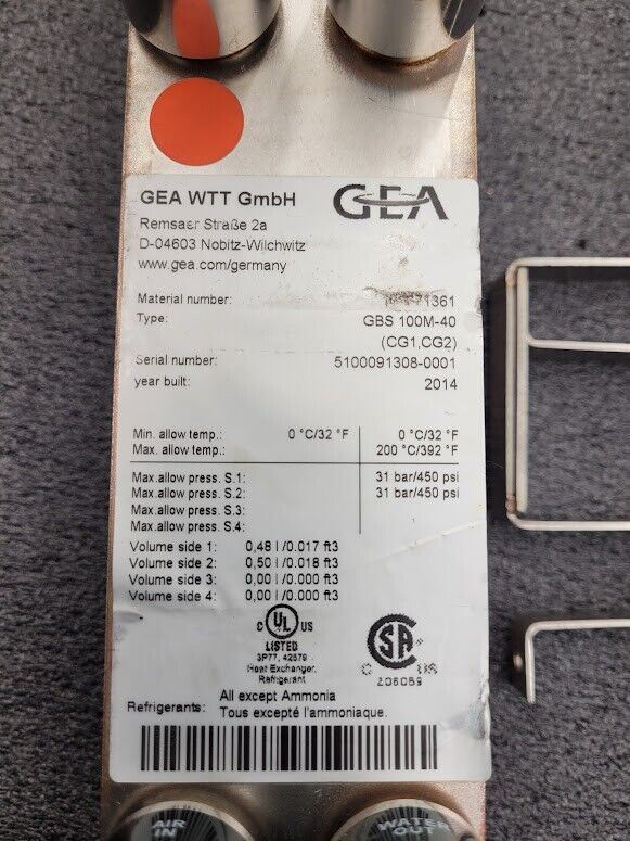 GEA GBS 100M-40 Brazed Plate Heat Exchanger 8"x4"x3" 40 Plates 450PSI 0.5l/0.48l