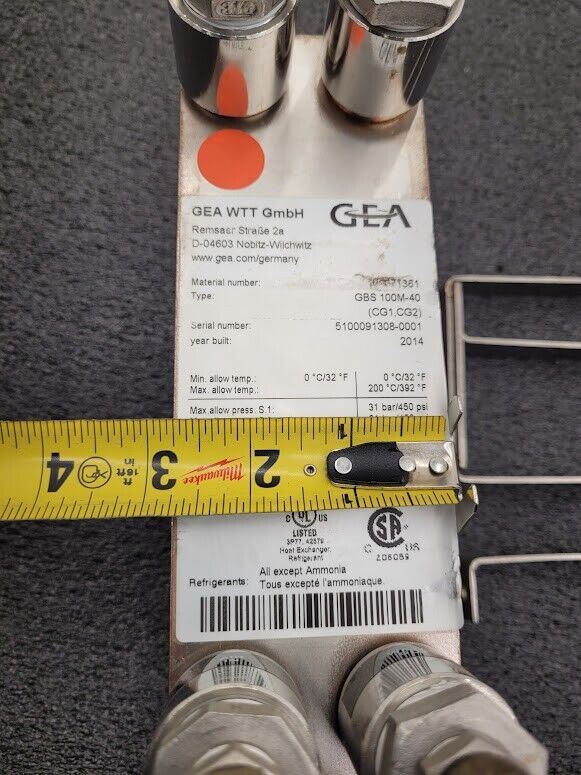 GEA GBS 100M-40 Brazed Plate Heat Exchanger 8"x4"x3" 40 Plates 450PSI 0.5l/0.48l