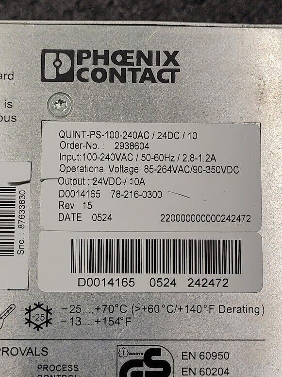 Phoenix Contact Quint-PS-100-240AC/24DC/10 Power Supply In: 100/240V Out: 24VDC