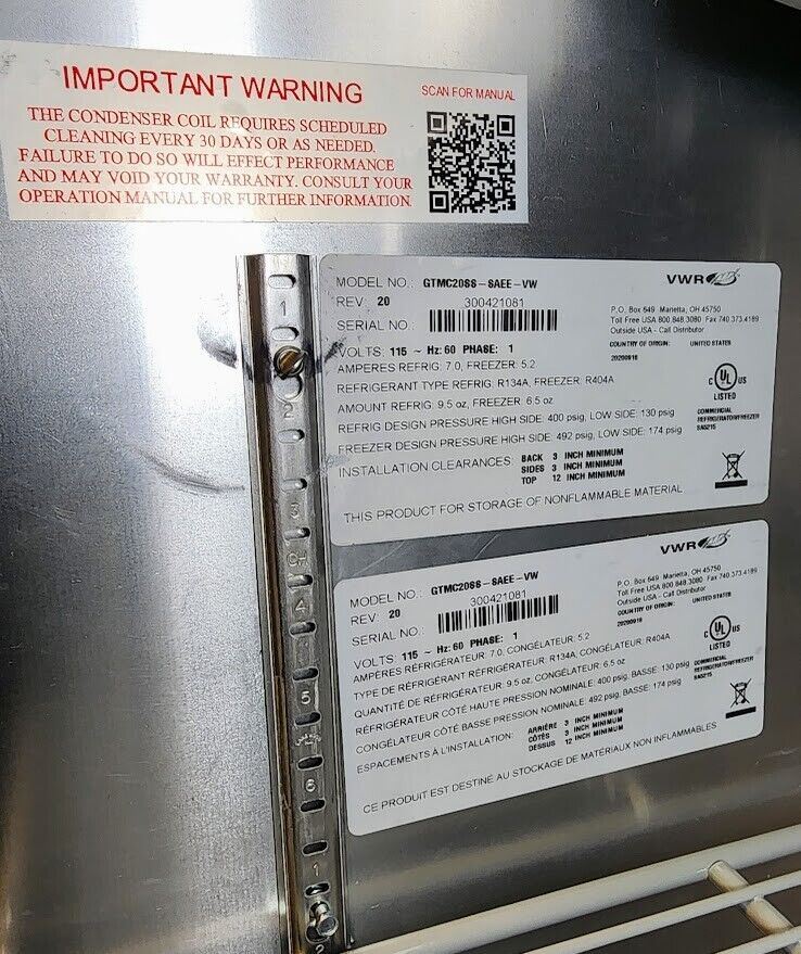 VWR GTMC20SS-SAEE-VW Lab Dual Refrigerator +1°C to +12°C / Freezer -20°C to 0°C