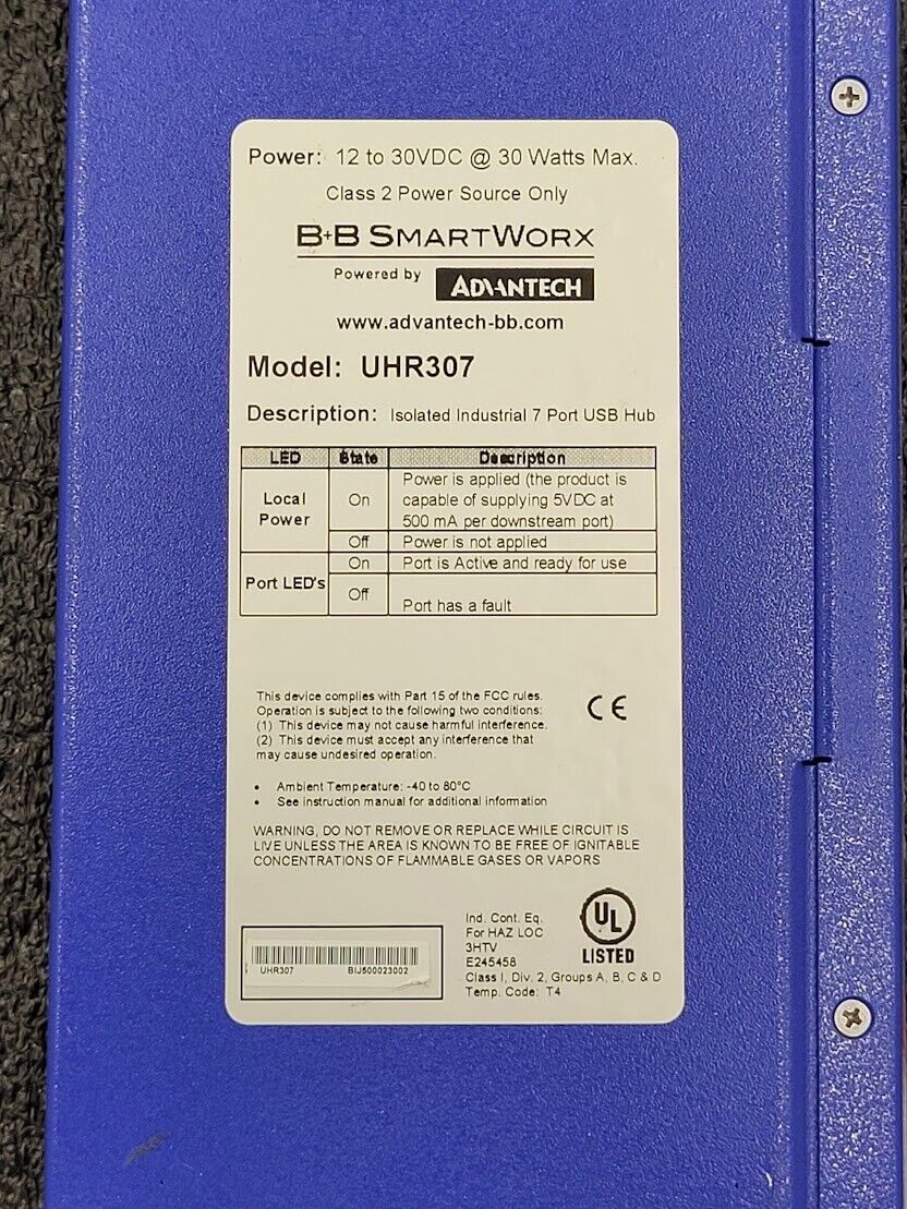 B+B SmartWorx Advantech UHR307 Isolate Industrial 7 Port USB Hub + Power Supply