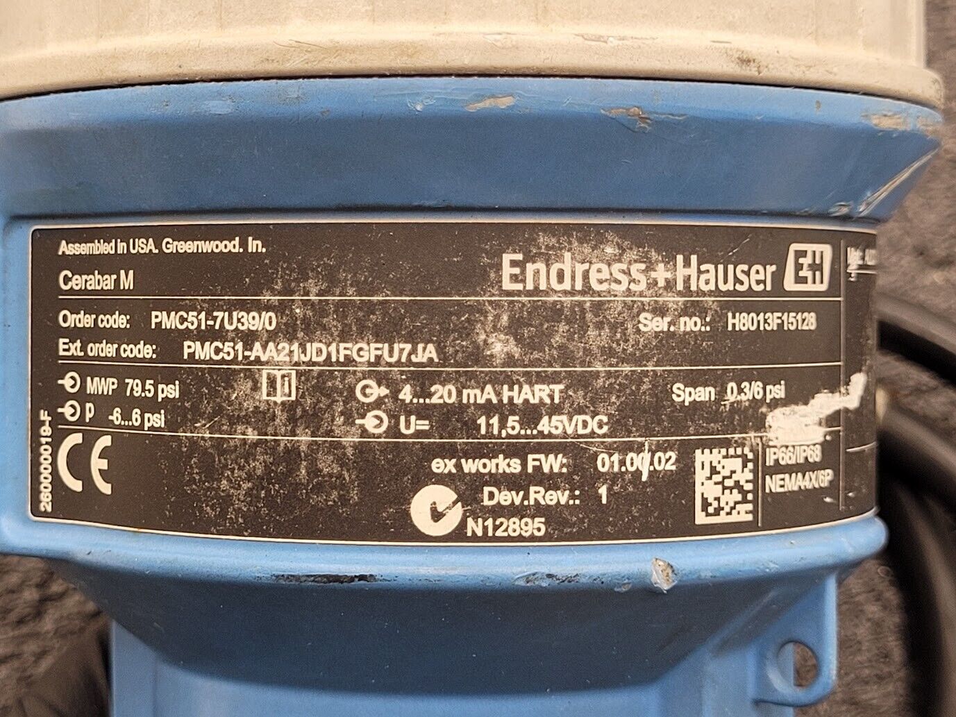 Endress+Hauser PMC51-7U39/0 Cerabar M -6 to 6PSI Pressure Transmitter Unit C