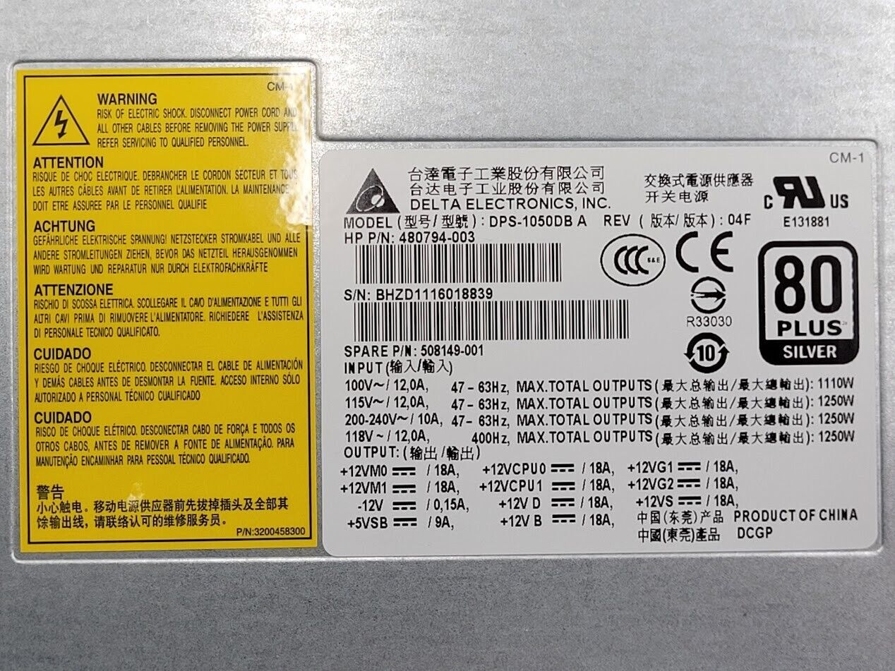 HP Z800 Power Supply 1100W Non Hot-Plug DPS-1050DB 480794-003 508149-001