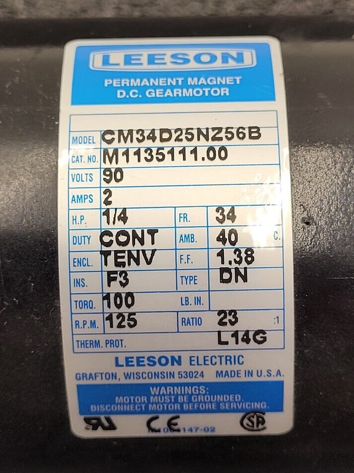 Leeson CM34D25NZ56B DC Gearmotor 90VDC 1/4HP 23:1 Ratio 125RPM 3/4" Shaft