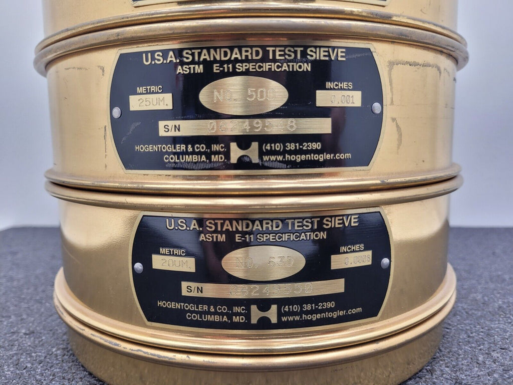 Lot of 10x Hogentogler U.S.A. Standard Test Sieve ASTM E-11 20um - 150um +Covers