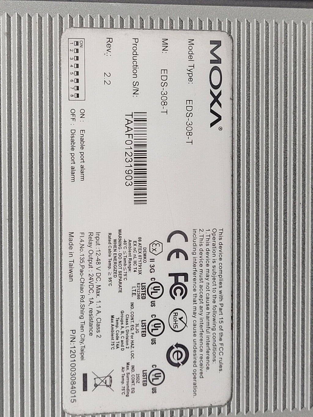 MOXA 8-port Industrial Ethernet Switch EtherDevice EDS-308-T 12-48 VDC Input DIN