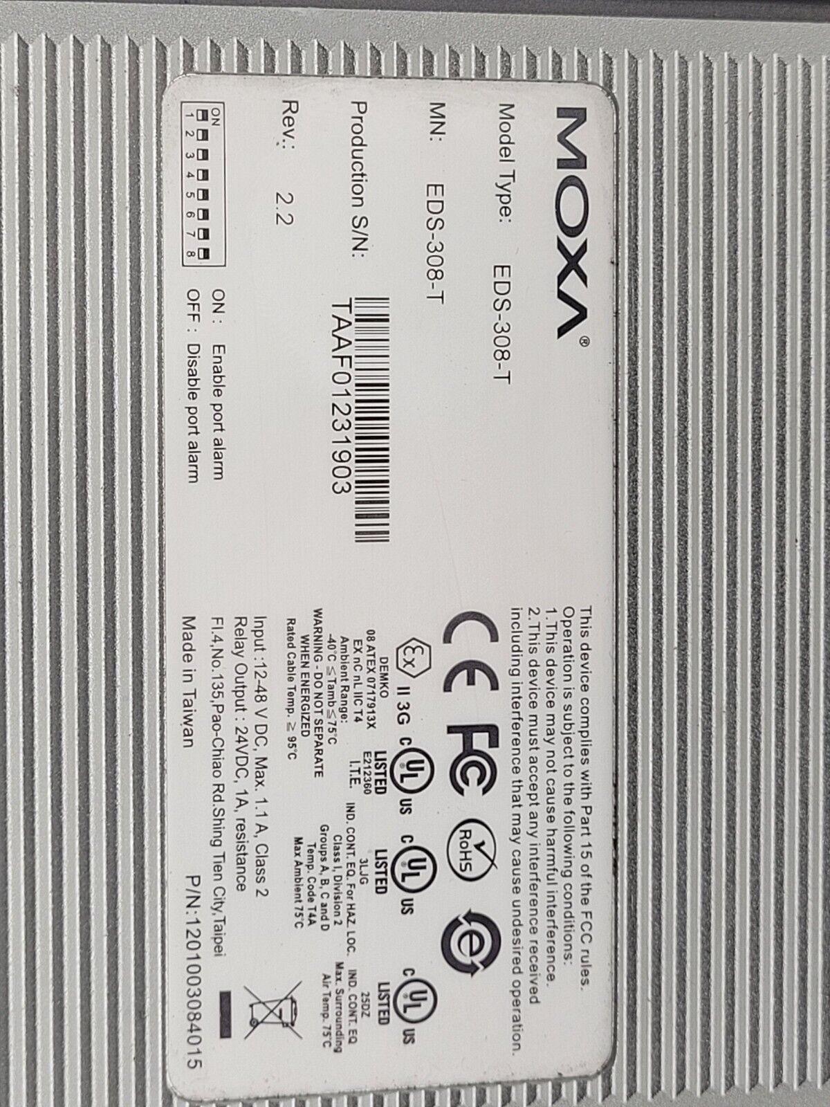MOXA 8-port Industrial Ethernet Switch EtherDevice EDS-308-T 12-48 VDC Input DIN