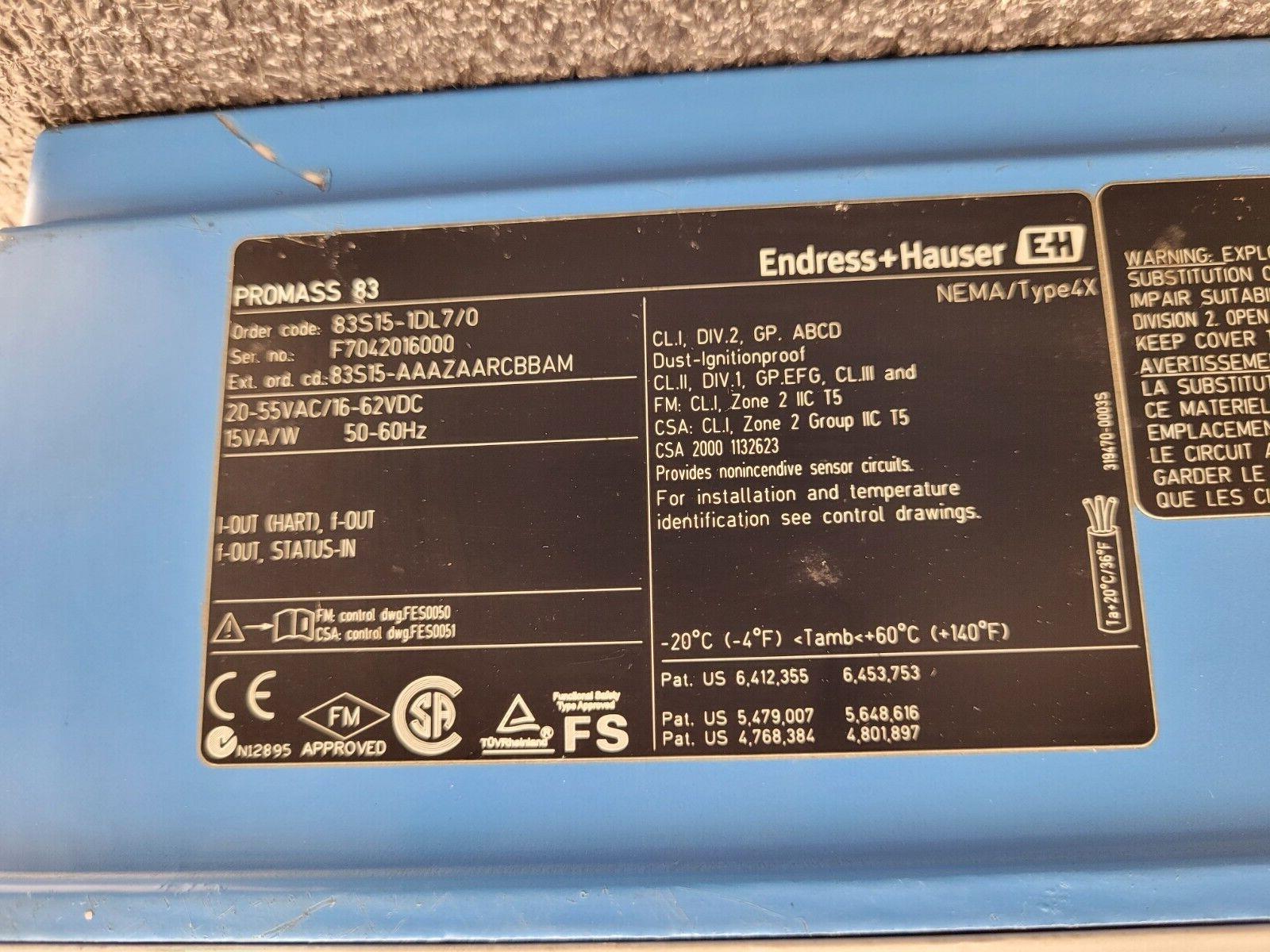 Endress+Hauser PROMASS S Mass Flowmeter 83S15-1DL7/0 Flow Controller +XMTR C