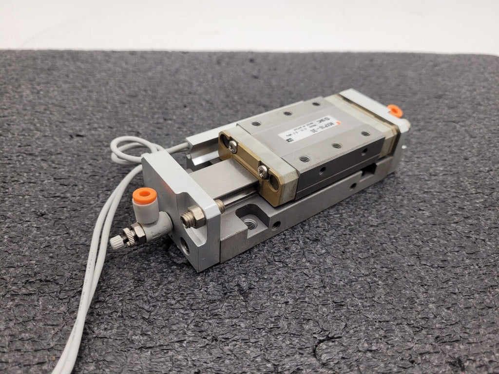 SMC MXP16-30 100PSI Linear Slide Guide Cylinder w/ D-F9B Sensors, Stops Unit C